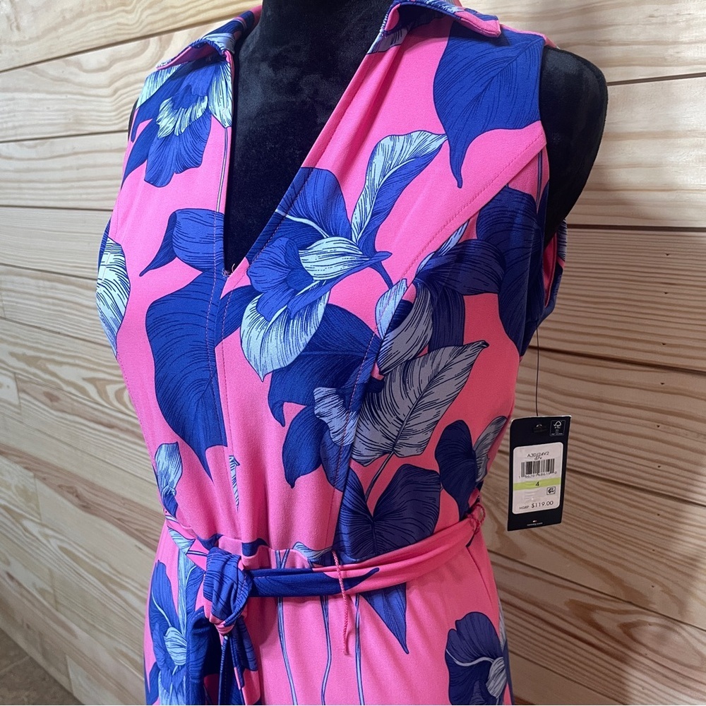 NWT Tommy Hilfiger Sleevless Dress Palm Tree Leaves Pink and Blue Midi Size 4 - Picture 2 of 14